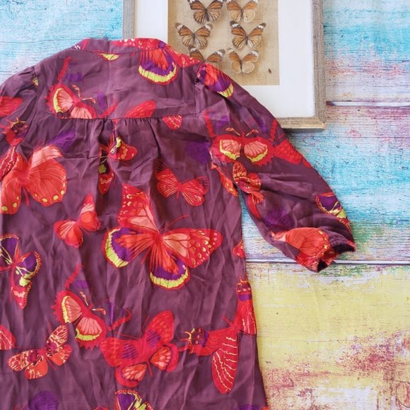 Amour Vert Red Dalila Silk Butterfly Print Tunic Shift Mini Dress M - Picture 9 of 11
